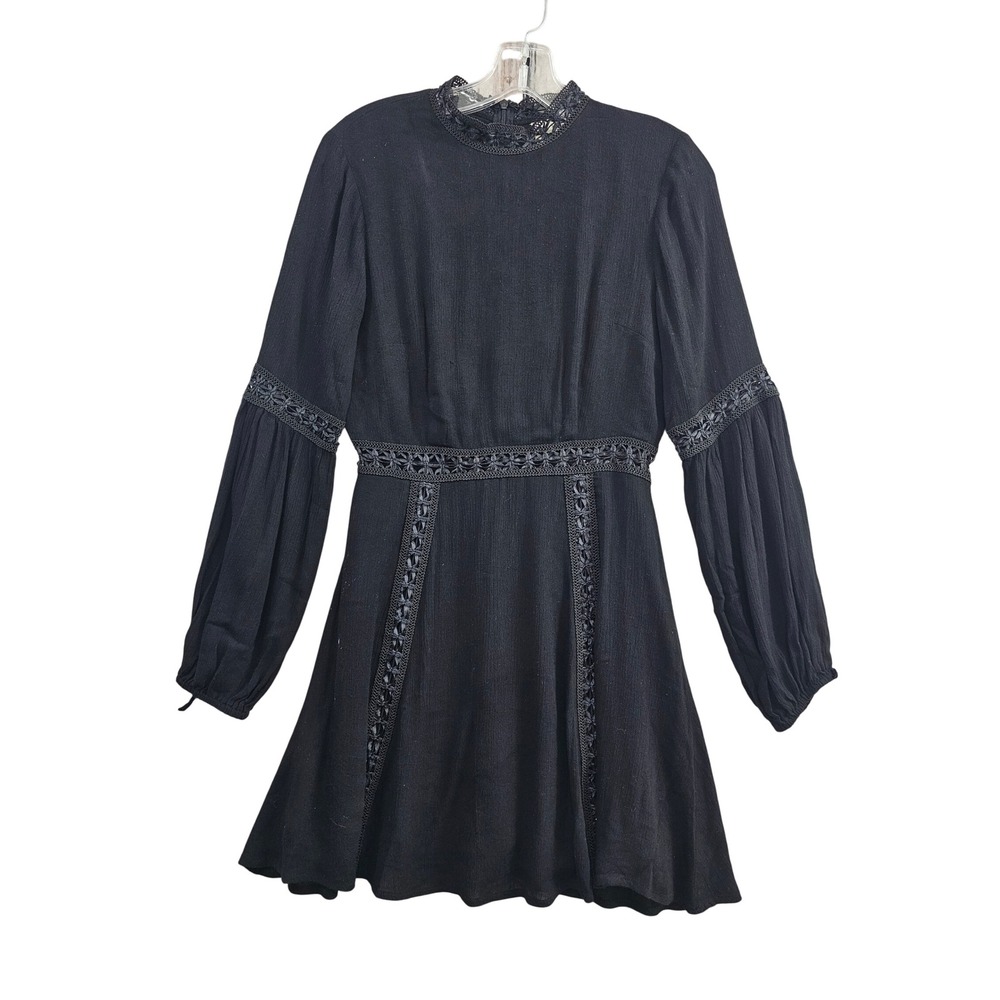 Lost + Wander Crochet Lace Trim Mini Dress Womens Size Small Black Bishop Sleeve